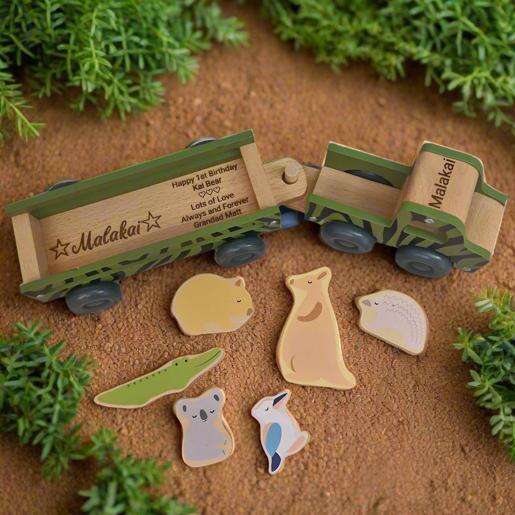 Personalised Wooden Aussie Safari Truck with Aussie Animals