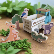 Wooden toy farm truck with aussie animals