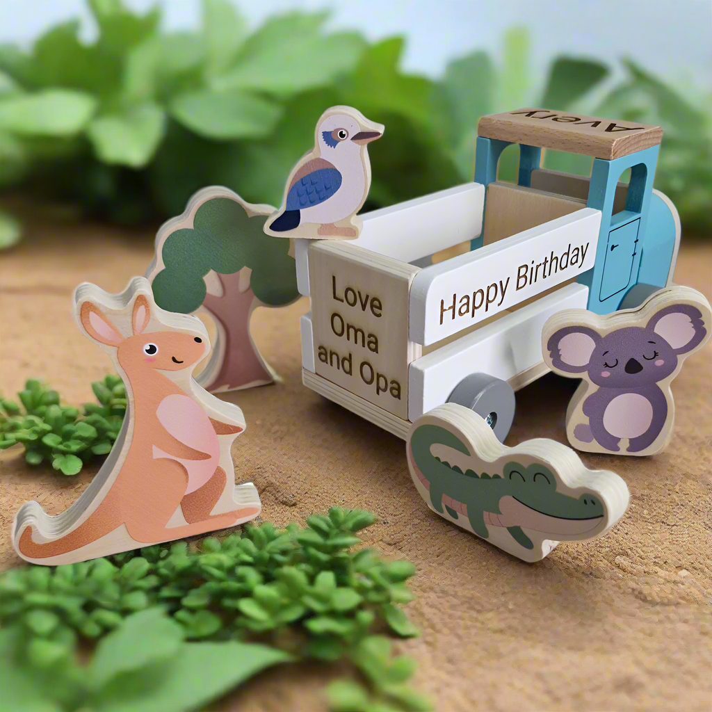 Wooden toy farm truck with aussie animals