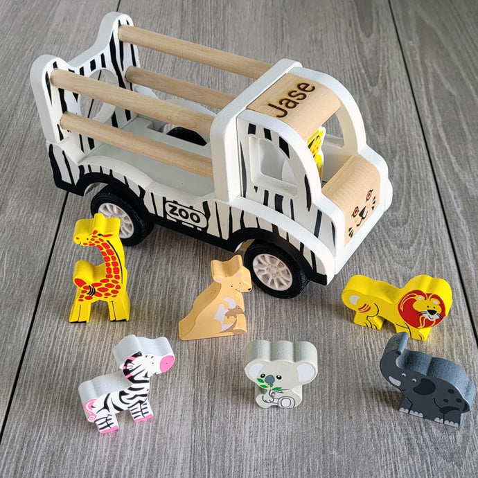 Personalised Wooden Pull Back Safari Truck with Animals