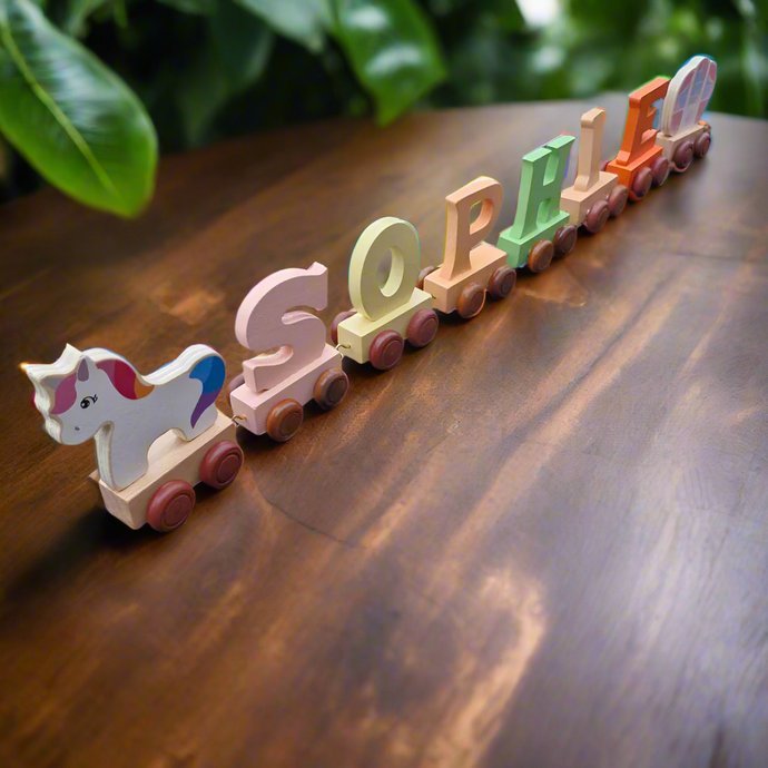 Unicorn Personalised Wooden Name Train