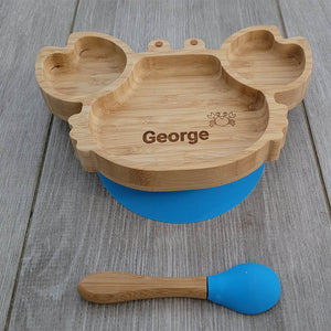Personalised Crab Bamboo Plate and Spoon - BLUE
