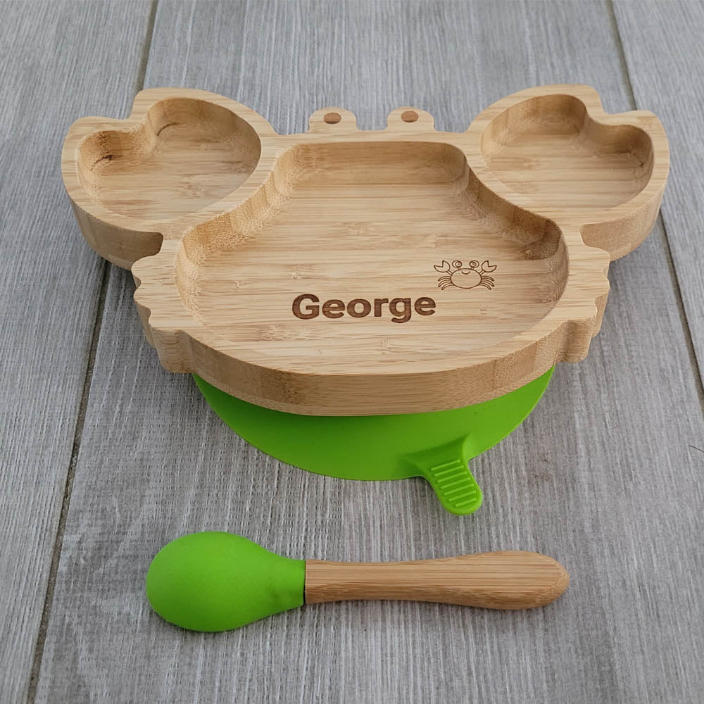 Personalised Crab Bamboo Plate & Spoon - LIME