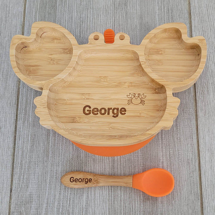 Personalised Crab Bamboo Plate & Spoon - ORANGE