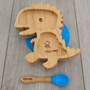 Personalised Dinosaur Bamboo Plate & Spoon - BLUE