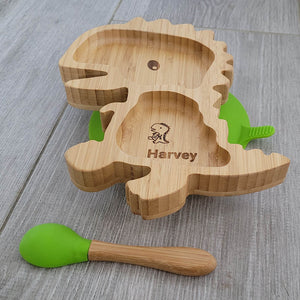 Personalised Dinosaur Bamboo Plate & Spoon - LIME
