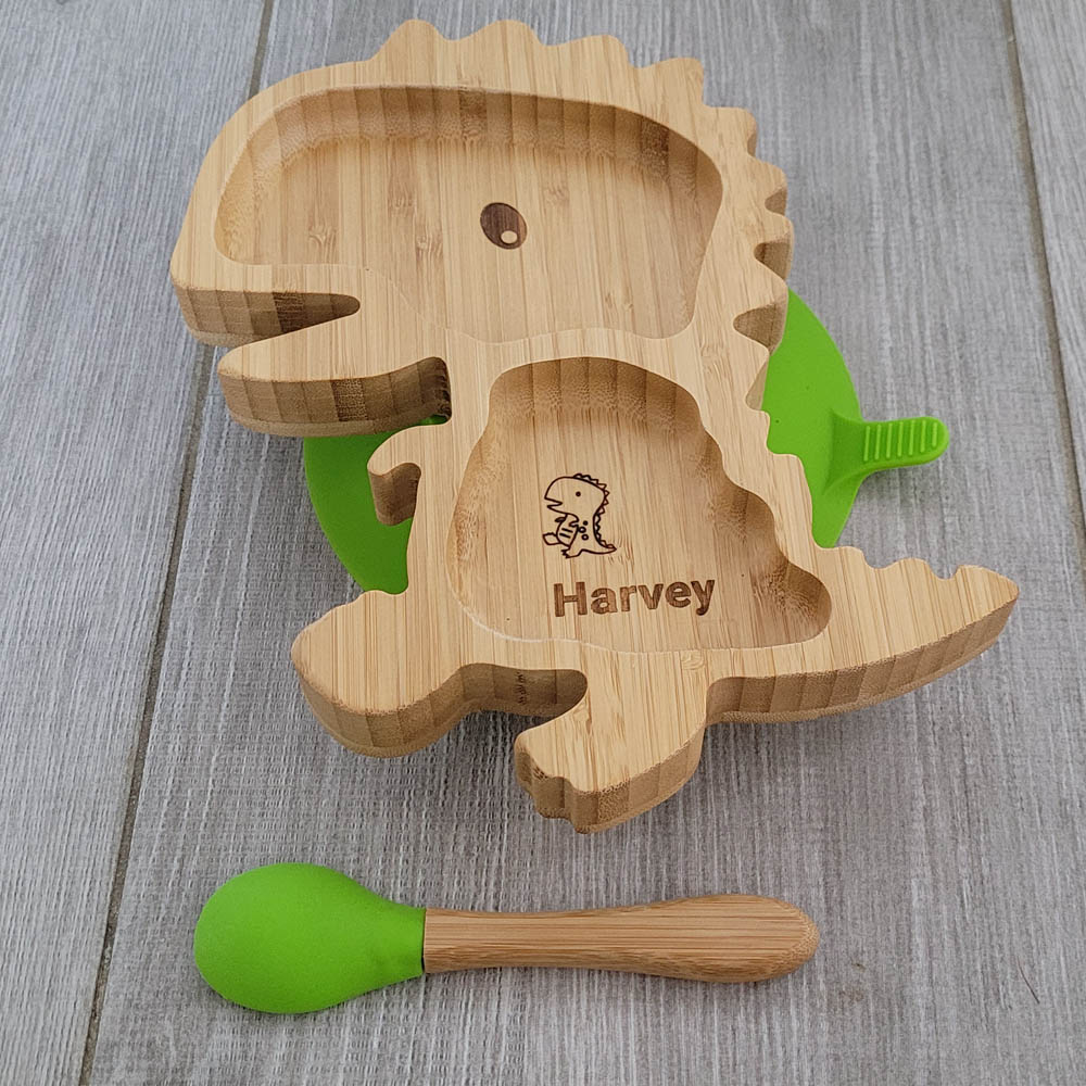 Personalised Dinosaur Bamboo Plate & Spoon - LIME