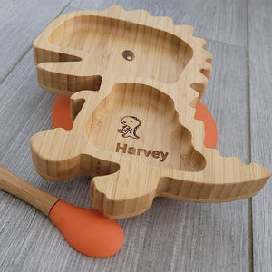 Personalised Dinosaur Bamboo Plate & Spoon - ORANGE