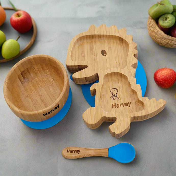 Personalised Dinosaur Bamboo Dinnerware set - BLUE