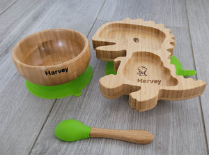 Personalised Dinosaur Bamboo Dinnerware set - LIME