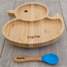 Personalised Duck Bamboo Plate & Spoon - BLUE