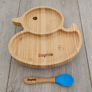 Personalised Duck Bamboo Plate & Spoon - BLUE