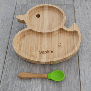 Personalised Duck Bamboo Plate & Spoon - LIME