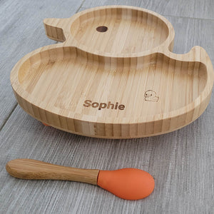 Personalised Duck Bamboo Plate & Spoon - ORANGE