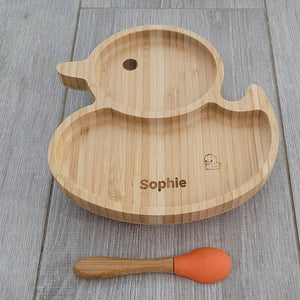 Personalised Duck Bamboo Plate & Spoon - ORANGE