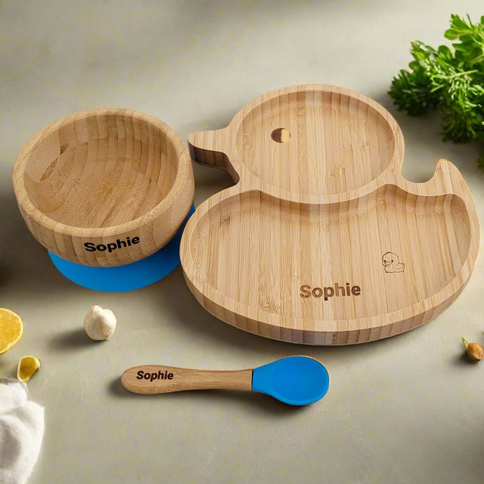 Personalised Duck Bamboo Dinnerware set - BLUE